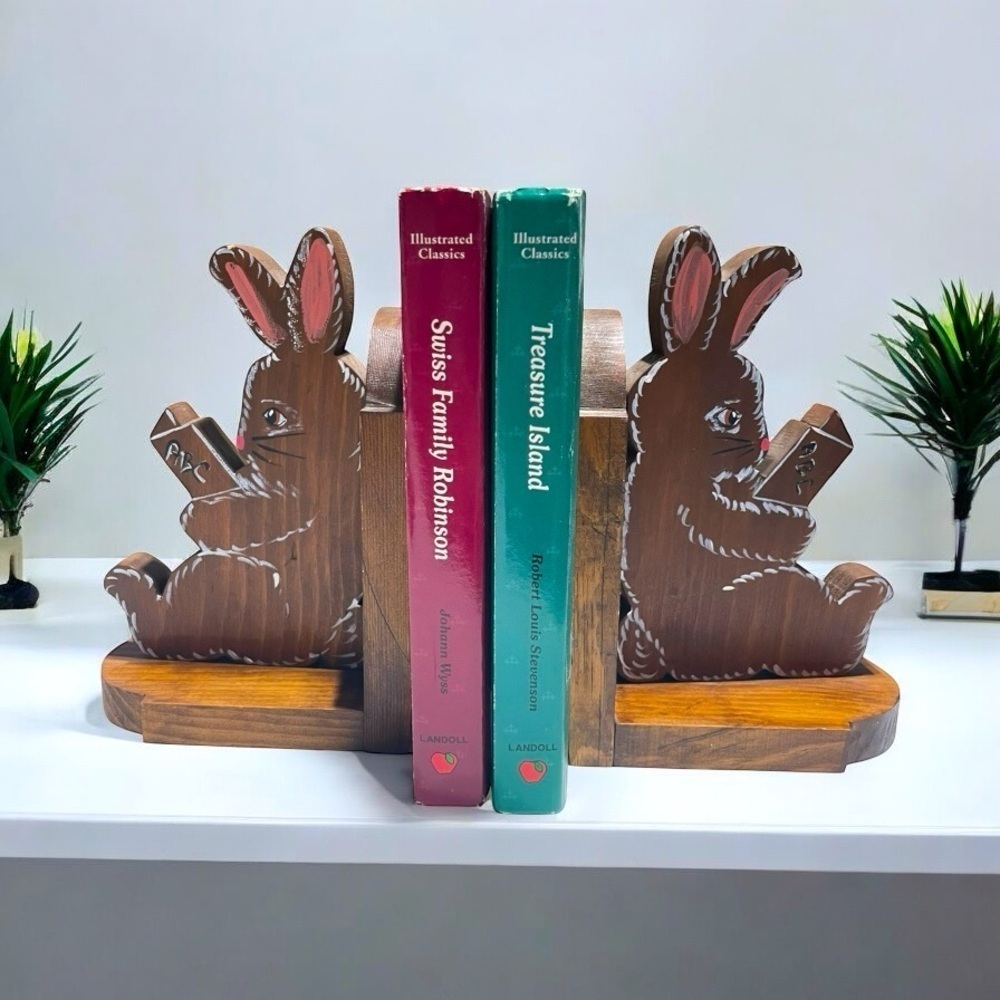 Wood Bunny Book Ends Handmade & Painted VTG Excellent SOLID WOOD